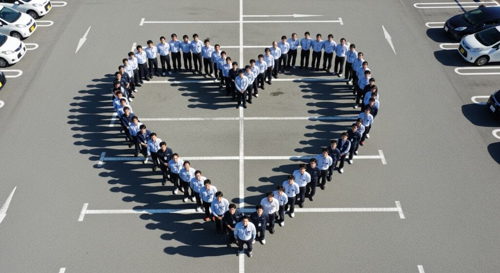 駐車場で約30人のインストラクターが人文字でハート型を作り、安心感と信頼を表現している様子