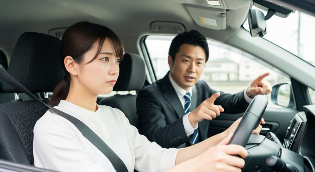 ペーパードライバー講習の標準コースでインストラクターから指導を受ける女性受講者