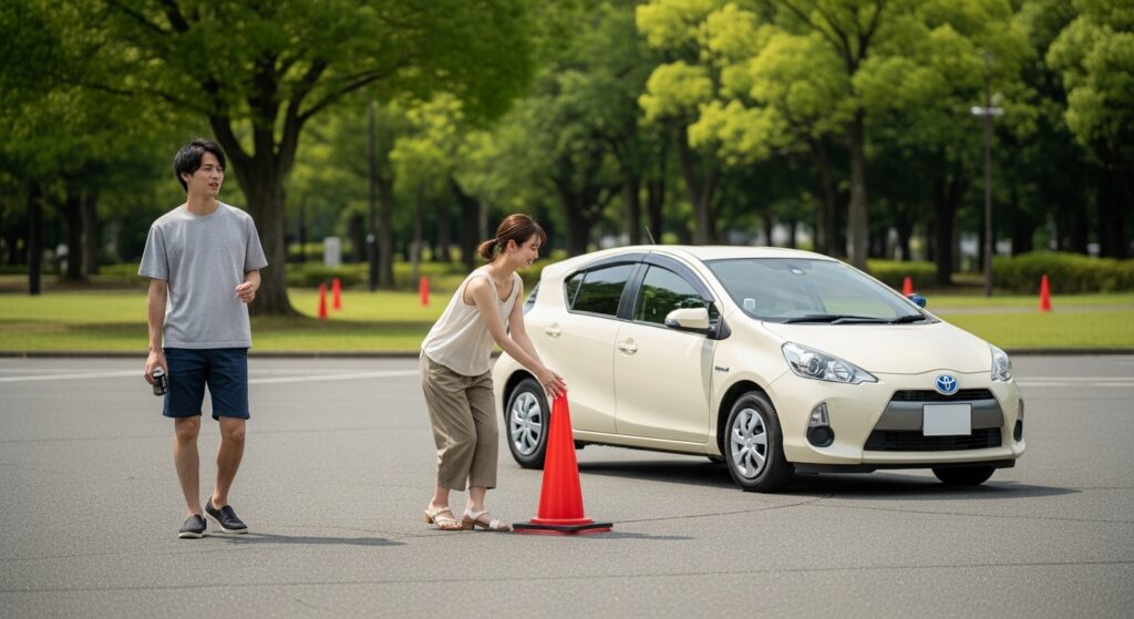 STEP1｜短距離30分以内の広い場所でペーパードライバー練習を始めるカップルと教習車トヨタアクア