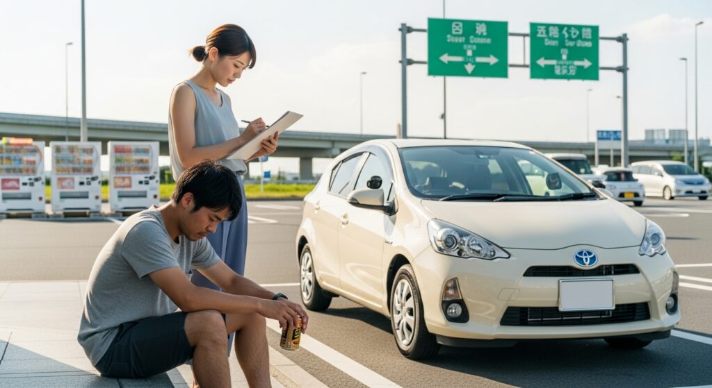 STEP3｜中長距離90分以内の幹線道路練習中に休憩するカップルと教習車トヨタアクア