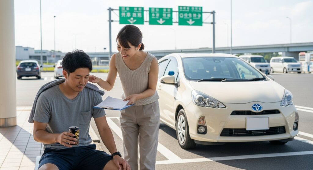 STEP4｜長距離120分以上の応用練習で高速道路を走行後、休憩中にチェックシートを確認するカップルとトヨタアクア
