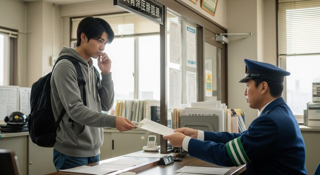 「交通ルールを再確認する若い男性ドライバー」 「若い男性が警察署の窓口で書類を受け取りながら、交通ルールを再確認しているイメージ。ブランク明けのペーパードライバーが違反を防ぐための学び直しを象徴するシーン」