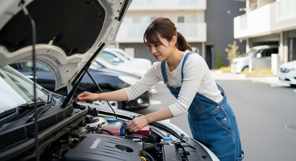 駐車場でボンネットを開け、ウォッシャー液やエンジンオイルなど日常点検を行う女性。ペーパードライバー講習で指導される3分以内でできる安全チェック。