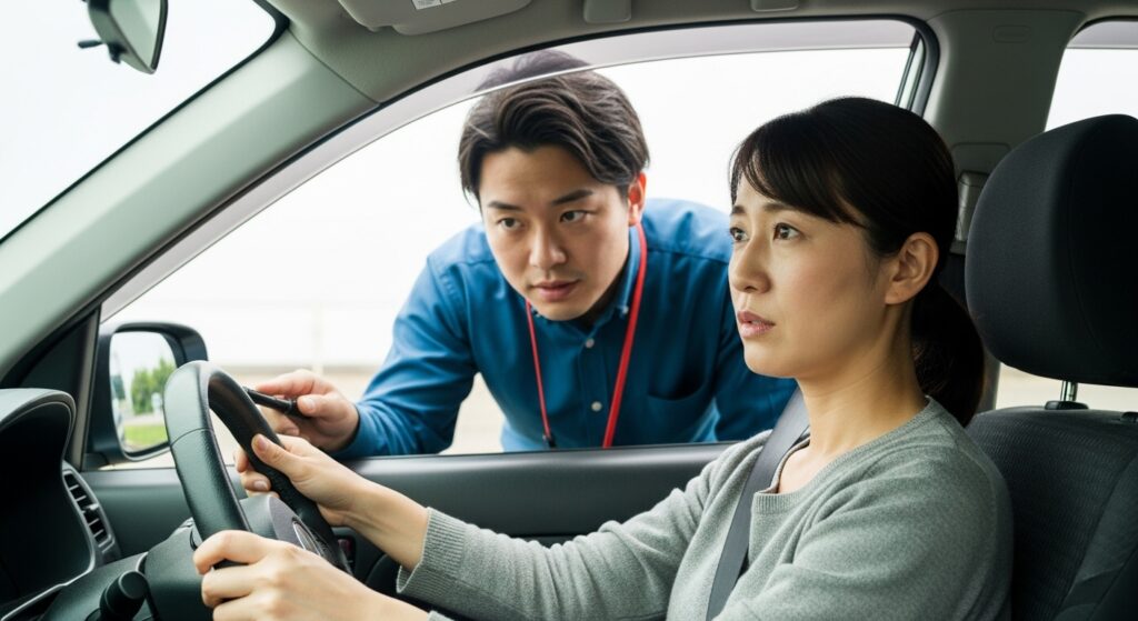 ペーパードライバー講習 女性 インストラクター 指導シーン 「ペーパードライバー講習で指導を受ける30代女性ドライバー。不安そうにハンドルを握り、インストラクターが車外から指導している様子。」