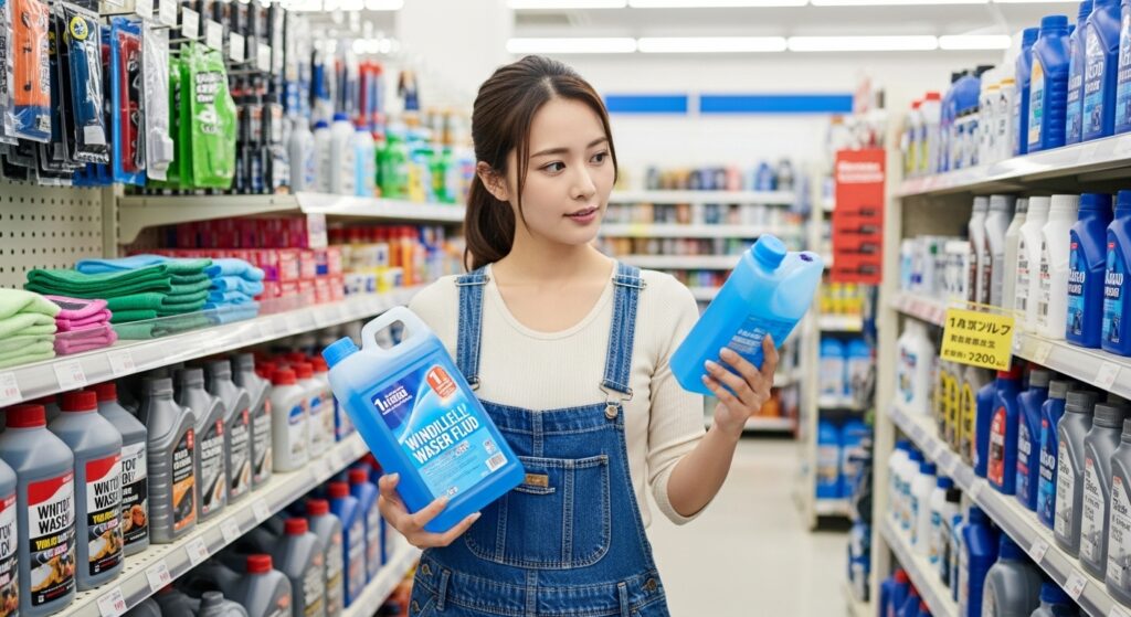 カー用品店の店内でウォッシャー液を手に取り、容量や成分を比較する女性。日常点検で残量不足を確認した際の補充用に選定中。