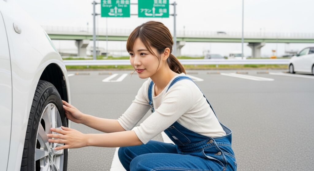 高速道路インターチェンジ付近の駐車場でタイヤを手で触り、ひび割れや膨らみなどの異常を確認する女性。走行前の安全点検の一環。