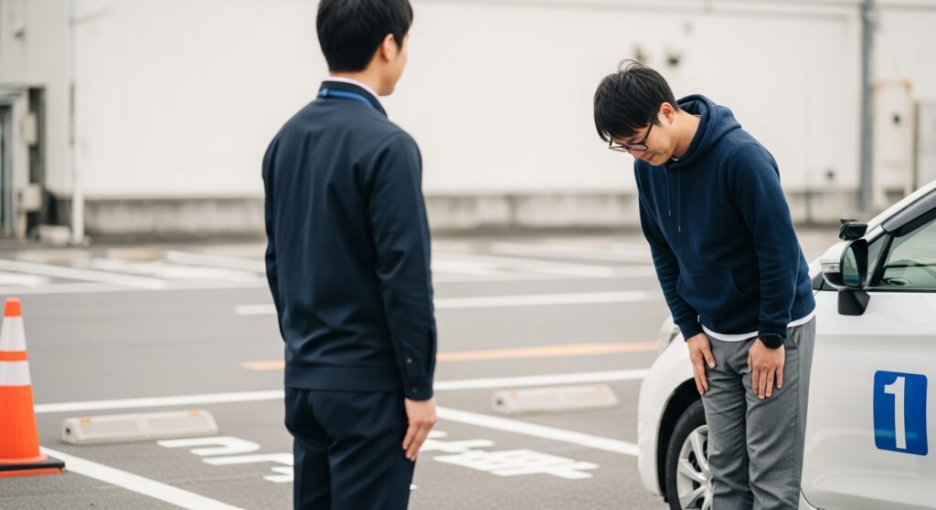 ペーパードライバー講習でインストラクターに深くお辞儀をする30代男性受講者。駐車場で感謝を伝える場面