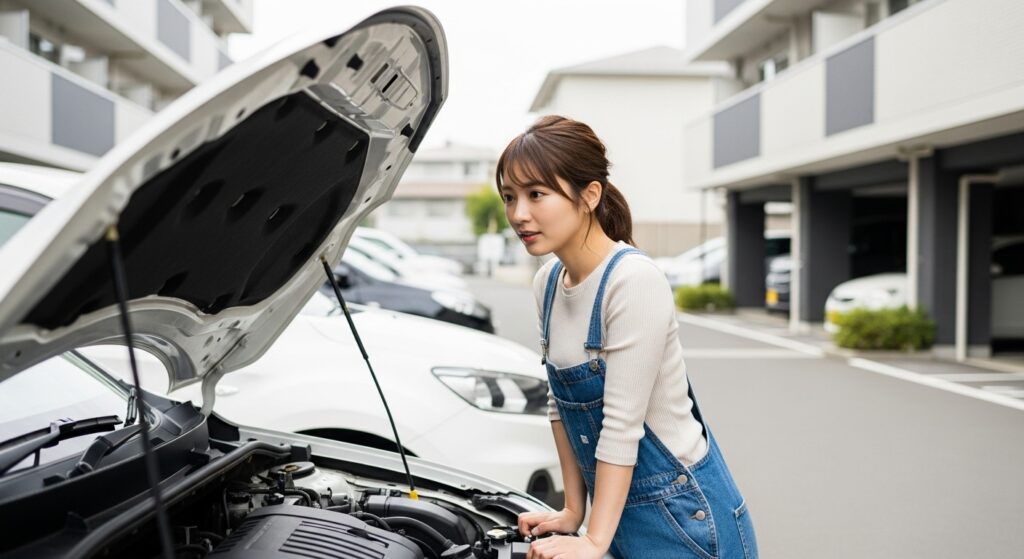 マンション駐車場でボンネットを開け、エンジンルームを確認する女性。道路環境別の故障傾向を踏まえた日常点検の重要性を示す場面。