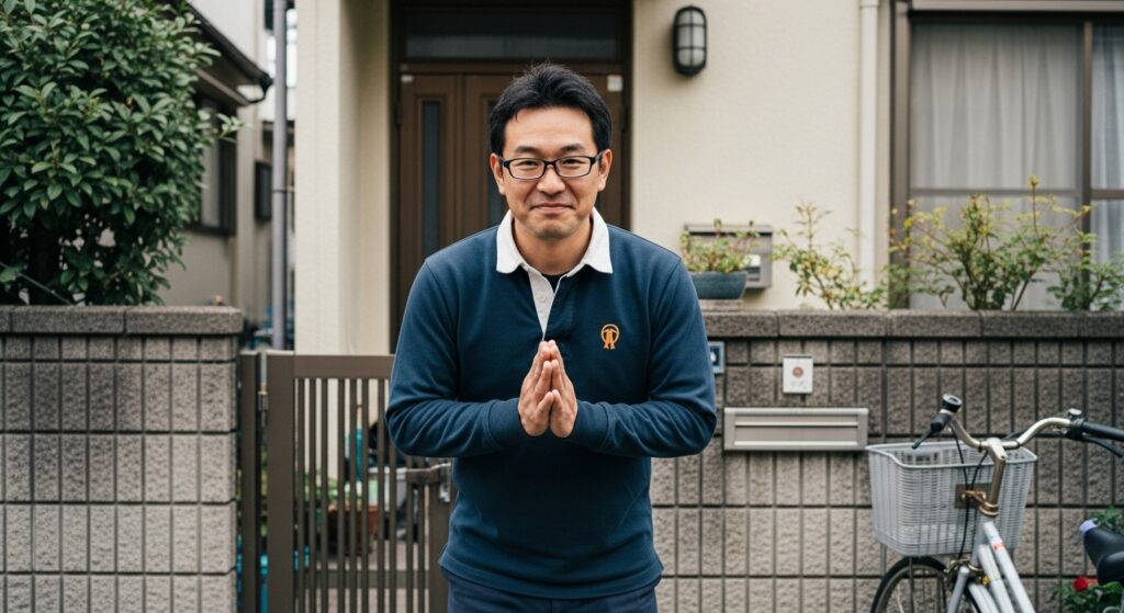 自宅前で軽く会釈をして感謝を伝える30代男性。眼鏡とラガーシャツ姿で丁寧に挨拶している様子。