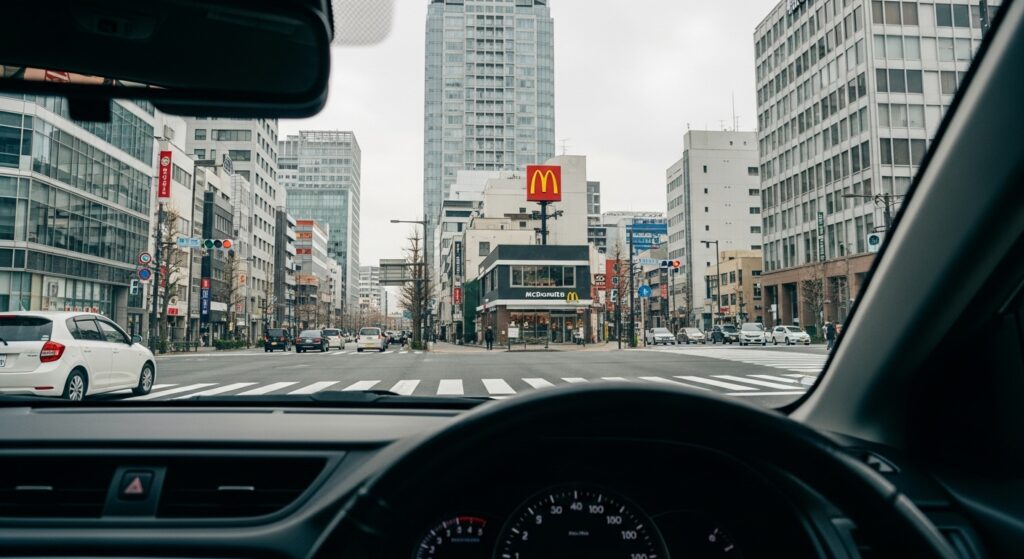 目白通りの交差点を車内から見た様子。交通量が多く、ペーパードライバーが車線変更や合流を練習するのに最適な場面。