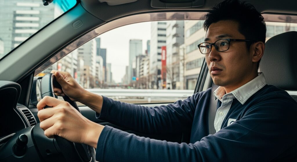 落合南長崎から目白通りを経由し哲学堂公園へ向かうルートで運転練習をする30代男性。緊張しながら右ハンドルの日本車を運転する様子。