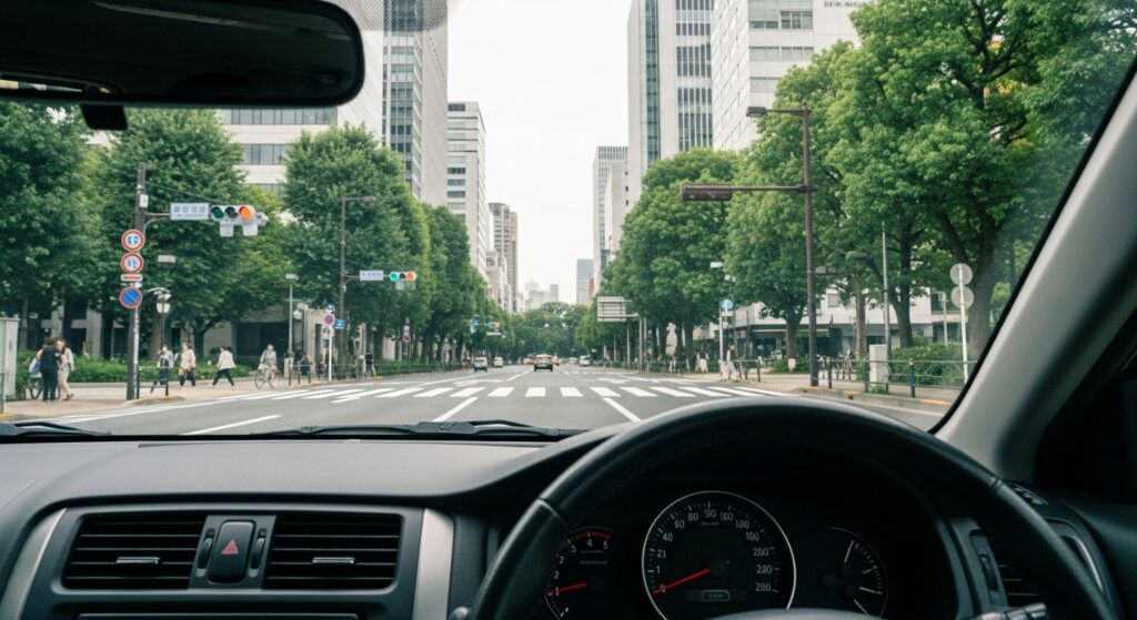 新宿中央公園前の交差点を走行する車内視点。高層ビル群と並木道が広がり、ペーパードライバー講習の実践練習に最適な環境。
