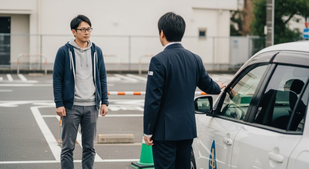駐車場でインストラクターから指導を受ける30代男性の国家公務員。真剣に講習を受けている様子