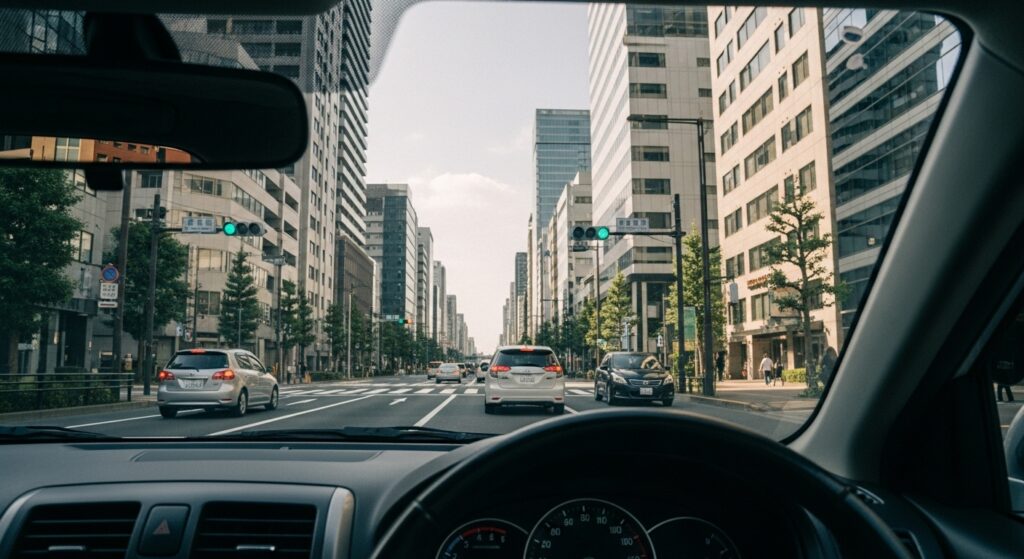 山手通りを走行する車内視点の写真。片側3車線で交通量が多く、ペーパードライバーにとって車線変更の練習に最適なシーン。