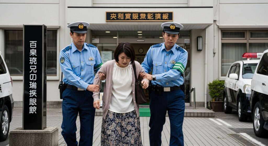 「警察官に連行される女性ドライバー」 「女性が交通違反後に警察官2人に両脇を抱えられ、警察署へ連行されている様子。ペーパードライバーにとって重大違反が大きなリスクになることを示すシーン」