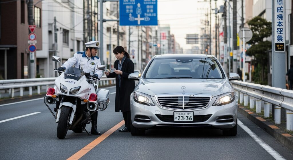 ペーパードライバーが白バイに停められ免許証を提示する交通違反シーン 「白バイに停車させられたペーパードライバーが路肩で免許証を提示しているシーン|交通違反と罰金のイメージ」