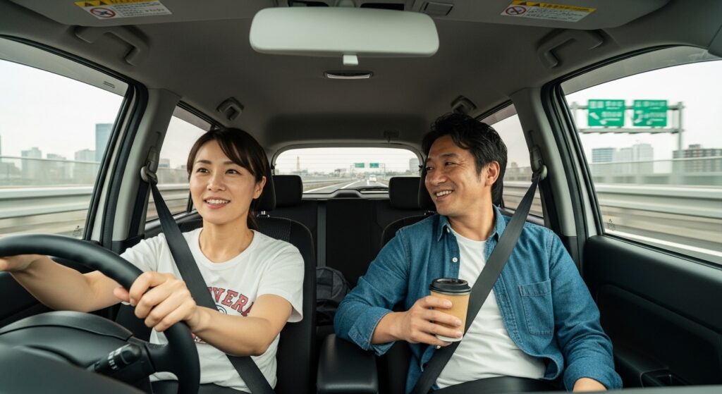 ペーパードライバーの女性が高速道路を運転し、助手席の男性と笑顔で会話している様子