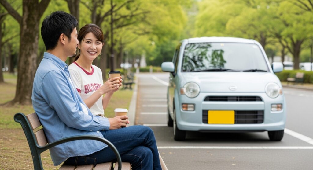 公園のベンチでコーヒーを飲むカップルと駐車中のコンパクトカー｜ペーパードライバー卒業後の日常運転シーン