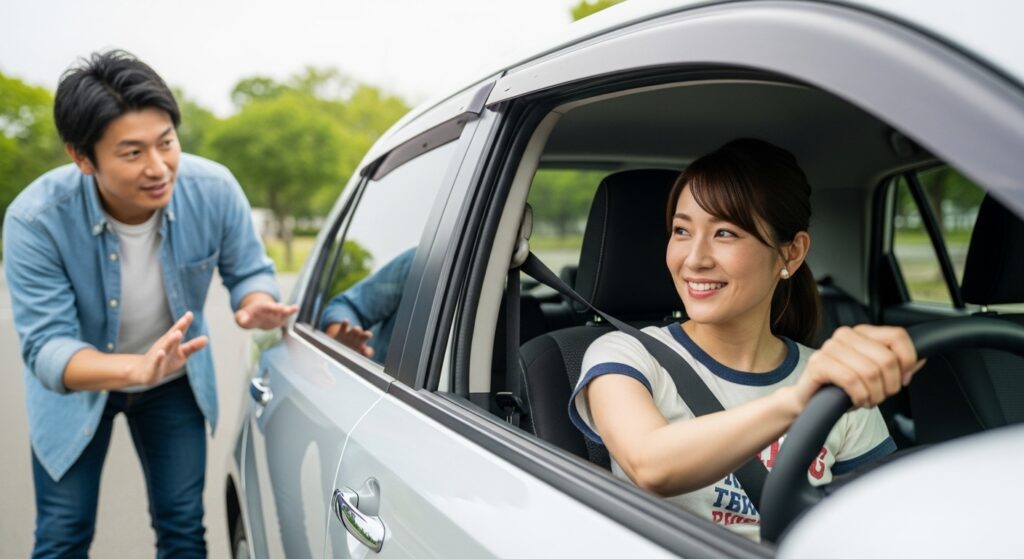 ペーパードライバーの女性が一人運転の練習をし、彼氏が外から駐車をサポートしている様子