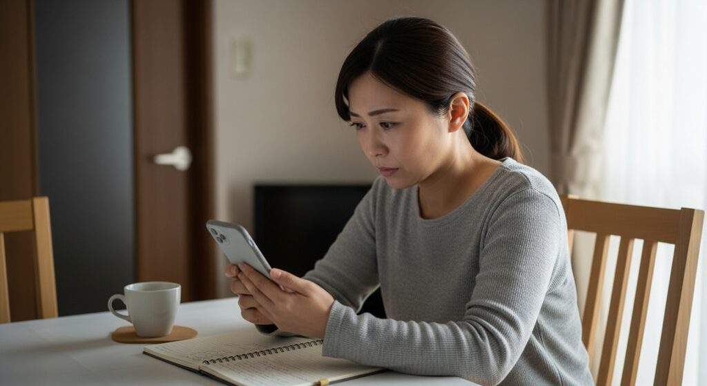 スマホでペーパードライバー講習の個別相談会を申し込んだ40代女性。20年ぶりの運転に不安を感じながらも、一歩を踏み出す決意。
