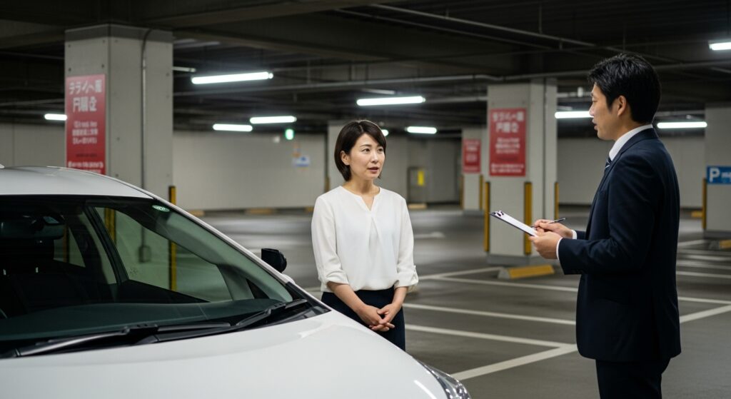 屋内駐車場でインストラクターから軽貨物ドライバー講習の説明を受ける女性。時間指定配送の実務シミュレーショントレーニング前の打ち合わせ。