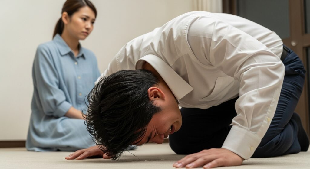 "運転ができないことを隠していた彼が土下座して謝るシーン|ペーパードライバー講習を巡るカップルの本音" 運転講習後、土下座して泣きながら謝る男性と、それを静かに見つめる女性──ペーパードライバーの現実と向き合うカップルの一場面