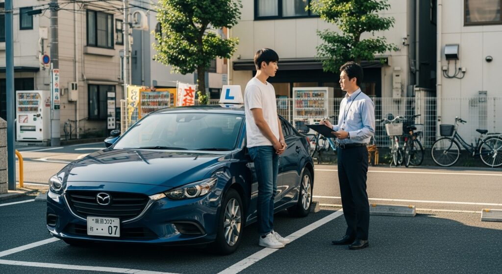 「日本での運転が怖い」と話していた大久保在住の韓国人男性が、出張型ペーパードライバー講習を受講。インストラクターと実車を前に会話する様子（新宿区） 일본에서 운전이 무서웠던 오쿠보 거주 한국 남성이 출장형 페이퍼드라이버 강습을 받는 모습 (신주쿠)