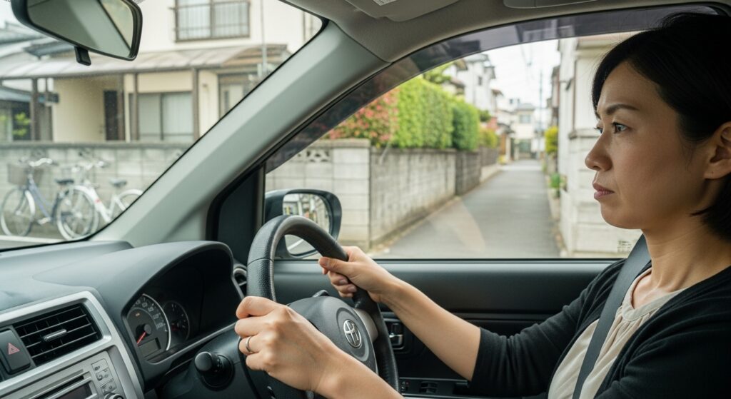 住宅街の細い道を慎重に運転する女性。ペーパードライバー講習の実務想定トレーニング中。