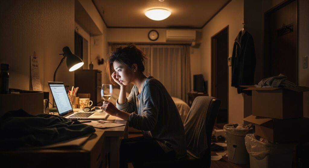 夜の部屋でパソコン画面を見つめながらワイングラスを持つ女性。散らかった部屋の中で検索をしている様子。