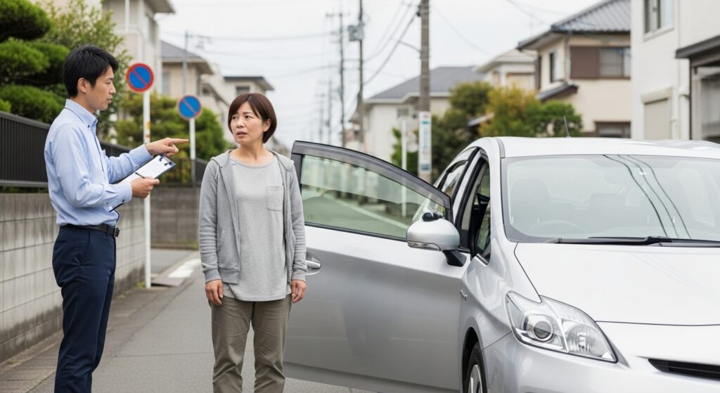 自宅周辺でインストラクターと指導内容を確認する女性受講者。ナビなし運転トレーニング前の打ち合わせの様子。