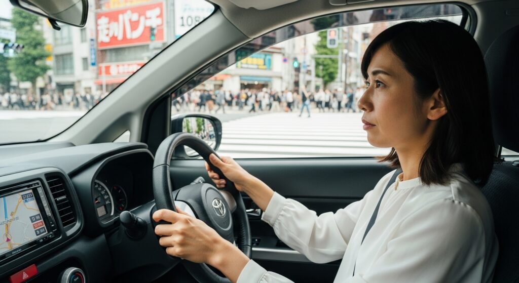 東京都内の交差点を運転する40代日本人女性。ペーパードライバー講習中で、実践的な道路走行に挑戦している様子。