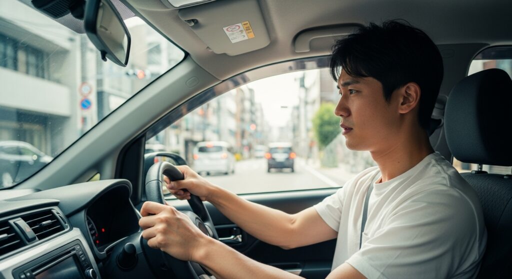 新宿区の市街地を運転する韓国人男性。ペーパードライバー講習中の実践風景。
