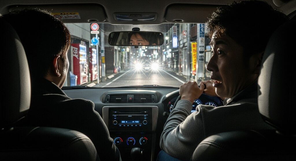 対向車のヘッドライトに驚く男性ドライバー｜パッシングのやり方を学ぶ運転初心者の視点
