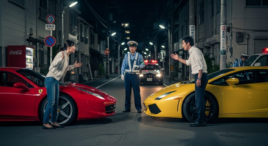 パッシングの意思が伝わらず警察が介入した場面｜フェラーリとランボルギーニのドライバーが夜道で対立