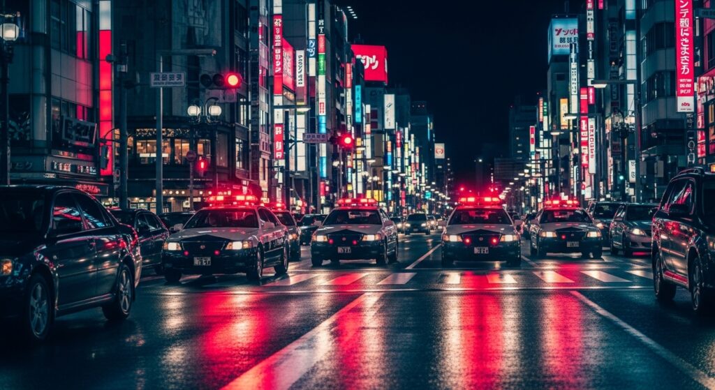 夜の新宿歌舞伎町交差点で赤色灯を点灯した複数のパトカーが並んでいる様子