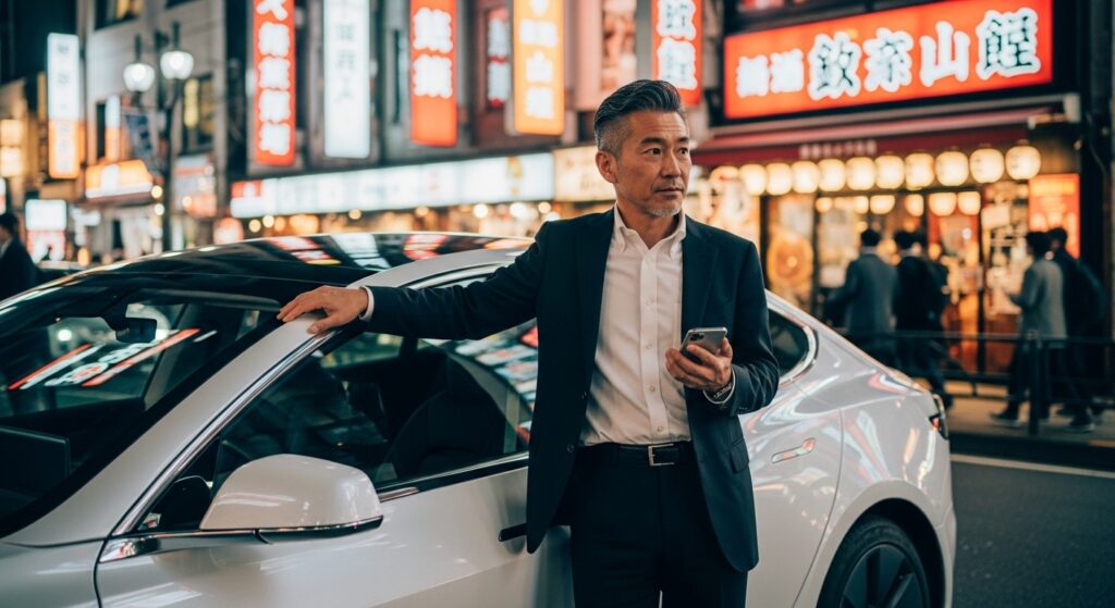 運転が苦手なビジネスマンが、夜の街で高級車の横に立ち、運転への恐怖心と向き合う様子