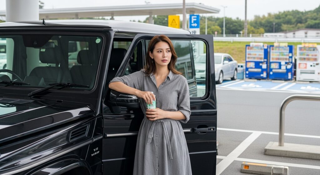 サービスエリアで休憩する女性。旅行や長距離運転の目的でペーパードライバー講習を探している様子