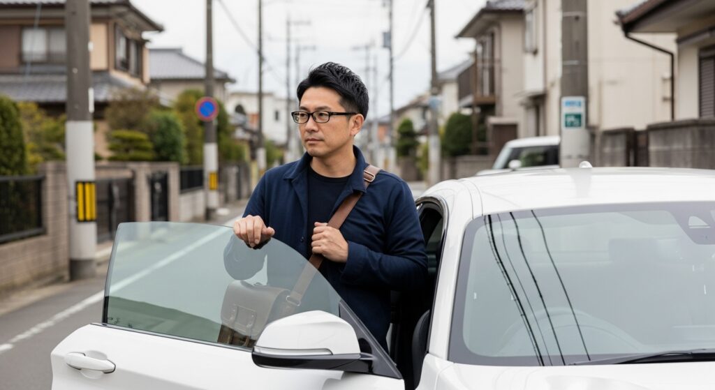 40代のビジネスマンが、ペーパードライバー講習を受けるために車の運転席に乗り込む様子