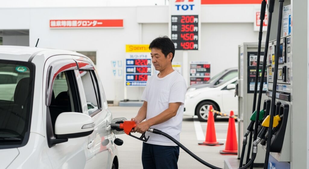ガソリンスタンドで車に給油する男性