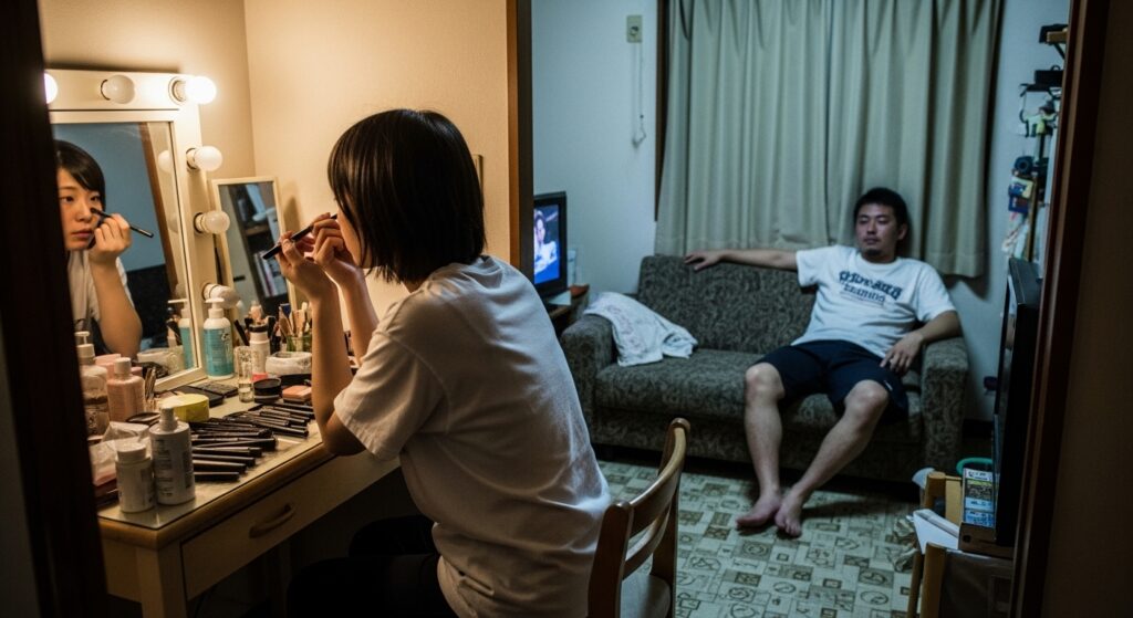 彼女が化粧をしている横でソファにだらしなく座る男性