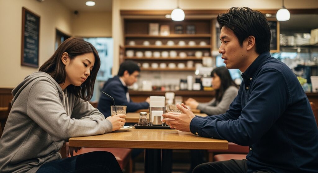 カフェで会話するが楽しそうに見えないカップル
