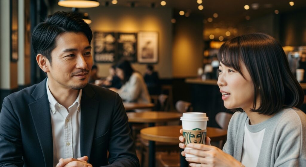 スタバデートで傾聴する男性|余裕と安心感を与える会話スタイル スターバックスで女性の話を傾聴する40代男性。余裕のある態度が安心感と信頼を与えるデートシーン