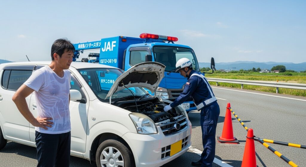 一般道でガス欠した車をJAFスタッフが点検している様子