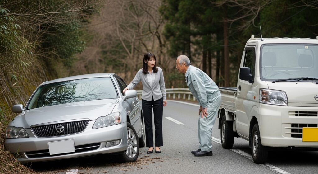 側溝に落ちたセダンと助けを申し出る高齢ドライバー 山道の生活道路でセダンが側溝に脱輪し、困っている女性に軽トラックの高齢男性が声をかけている様子
