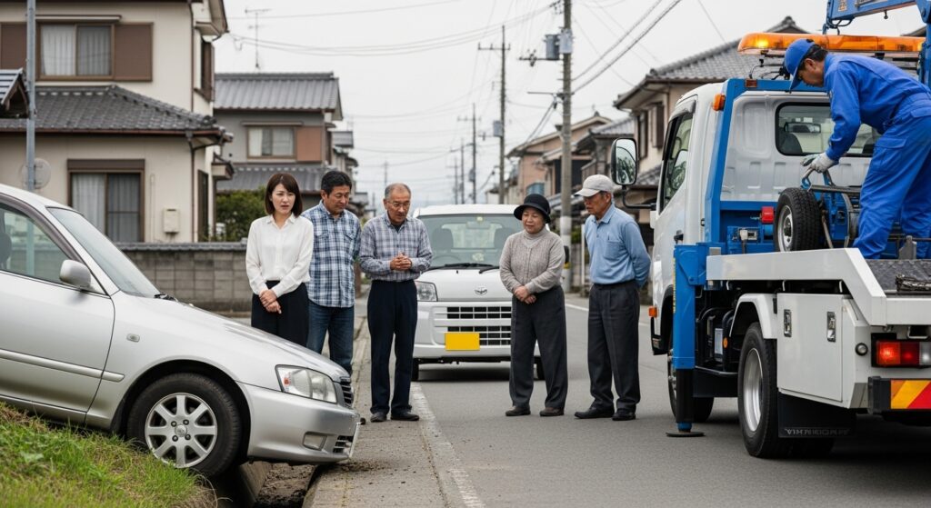 住宅街で側溝に落ちた車とレッカー作業の様子 住宅街の生活道路でセダンが側溝に落ち、近所の住民が集まって見守る中、レッカー車が作業している様子