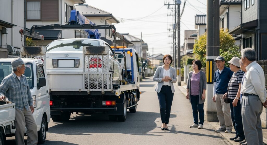 住宅街でのレッカー積載作業と住民の見守り レッカー車に積載されたセダンを住宅街で住民が見守る様子。困り顔の女性ドライバーと地域住民の支援シーン