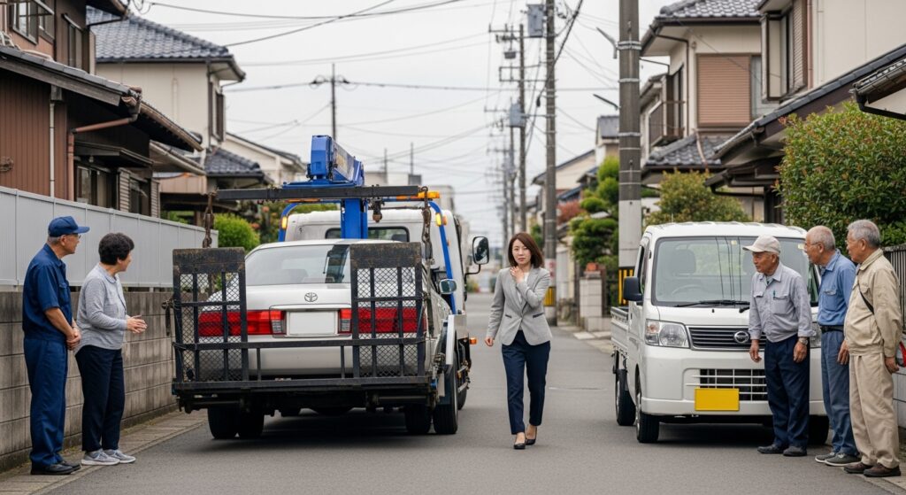 レッカーで運ばれるセダンと住宅街の住民の見守り 側溝に落ちたセダンがレッカー車に積載され、住宅街で事務員風の女性と住民たちが見守る様子