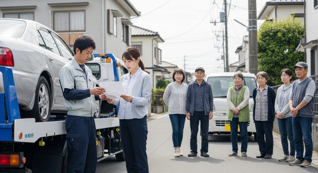 レッカー作業後の請求書確認と住民の見守り レッカー車に積載されたセダンの前で、作業員と女性ドライバーが請求書を確認し、住宅街で住民が見守る様子