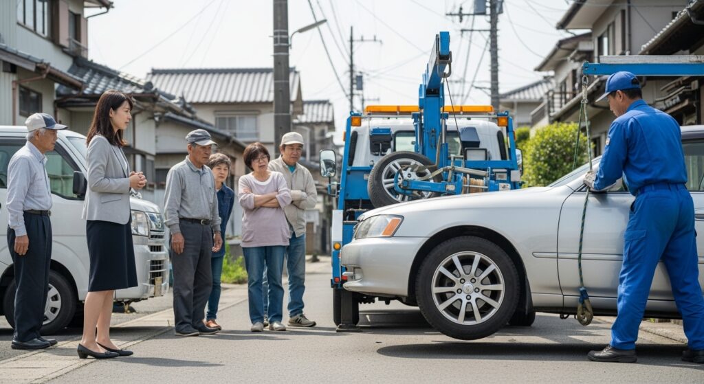 側溝に落ちた車のレッカー作業と住民の見守り 住宅街で側溝に落ちたセダンをレッカー車が引き上げ、住民が見守る様子