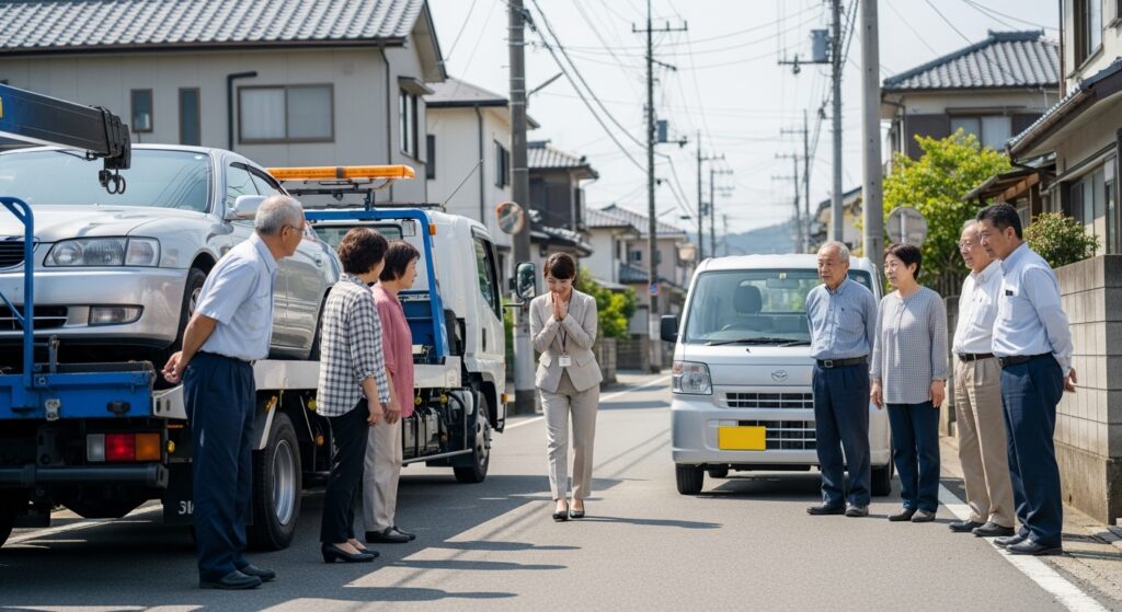 住宅街でのレッカー作業後に住民へ謝罪する女性ドライバー レッカー車に積まれたセダンの前で、女性ドライバーが近隣住民に深く頭を下げて謝っている様子